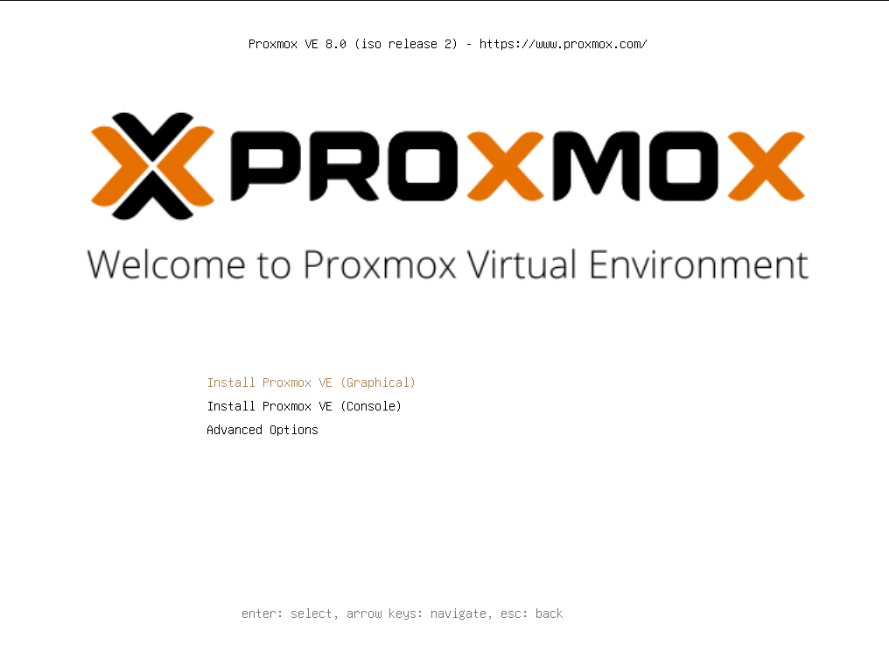 The proxmox installer boot menu