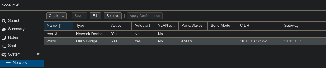 The default Bridge network, vmbr0