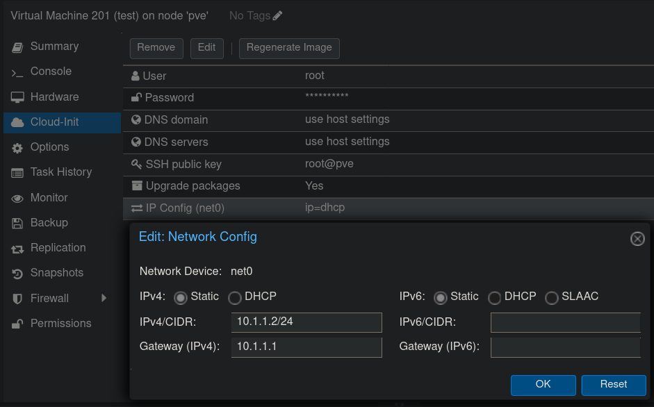 VM cloud-init setting a static IP address and gateway