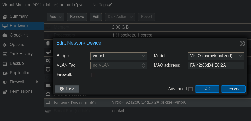 A VM selecting the bridge to connect the virtual ethernet cable to